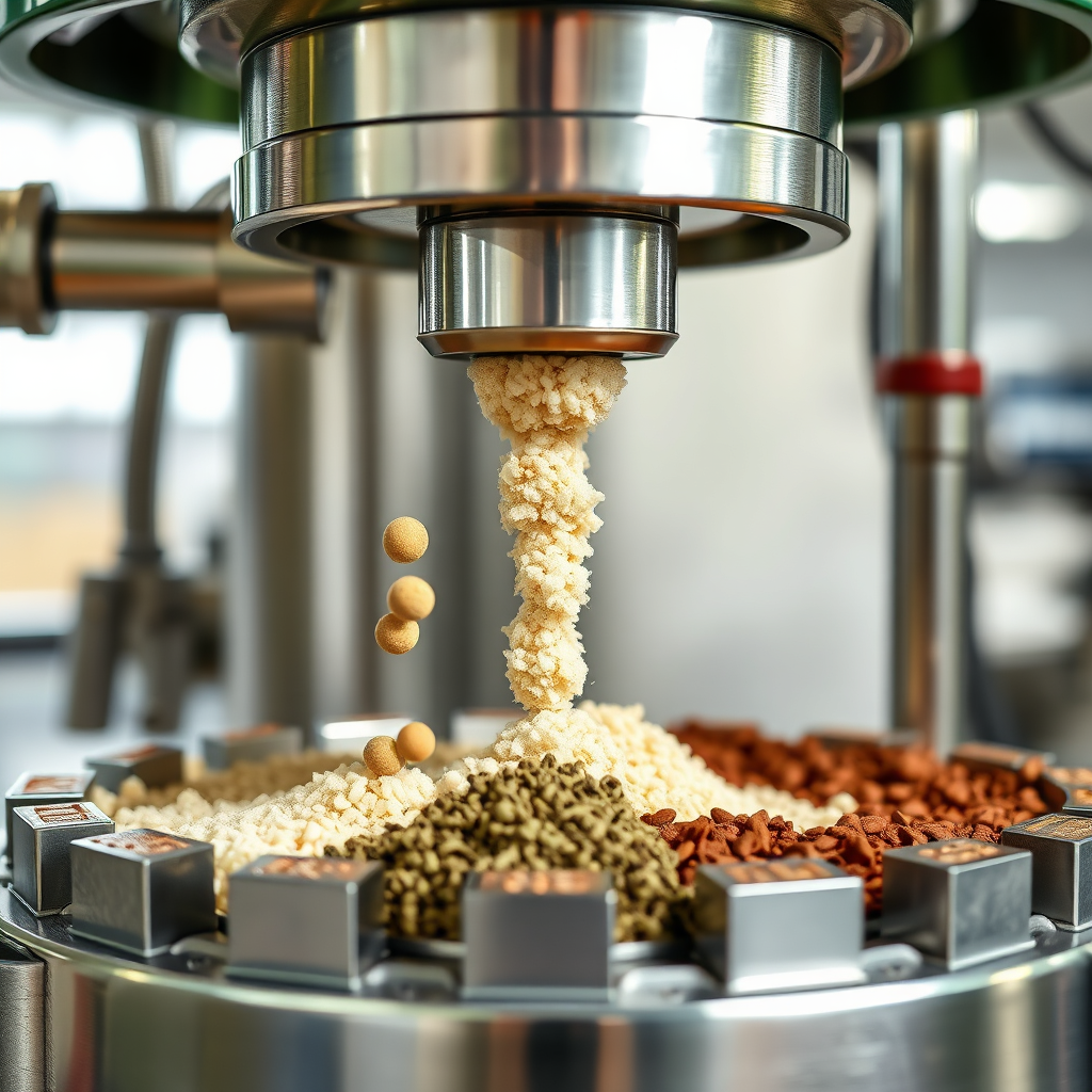 Visualize a fertilizer blending machine at Anggun Rezeki Farm. Show different raw fertilizer components being precisely measured and mixed into a customized blend. Use a close-up perspective emphasizing the precision and control of the process. The lighting should be bright and professional, and the color palette should feature the various colors of the raw fertilizer ingredients.